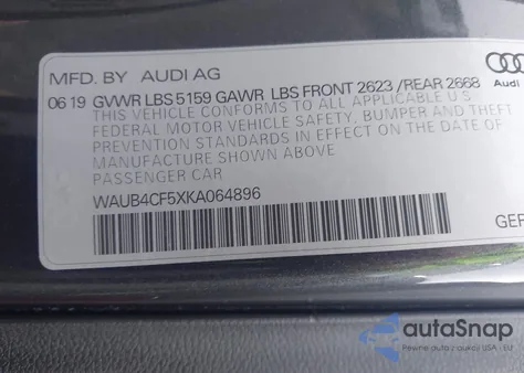 2019 Audi S5 3.0T Premium z USA, uszkodzony, nr VIN WAUB4CF5XKA064896